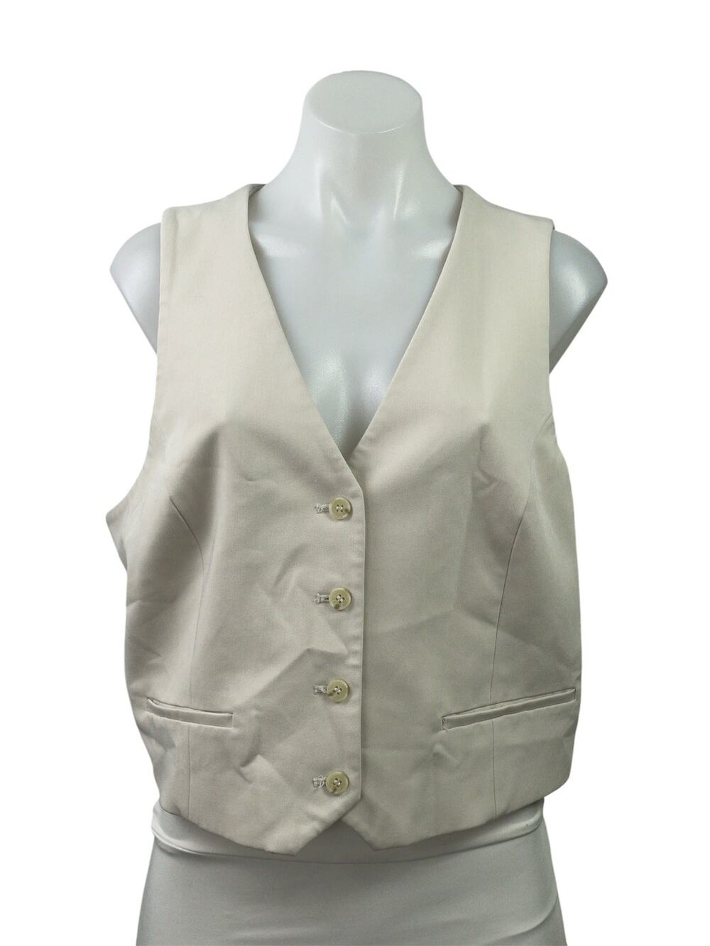 H&M Women's Cream Sleeveless Button Down V Neck Pocket Vest Tank Crop Top Size L